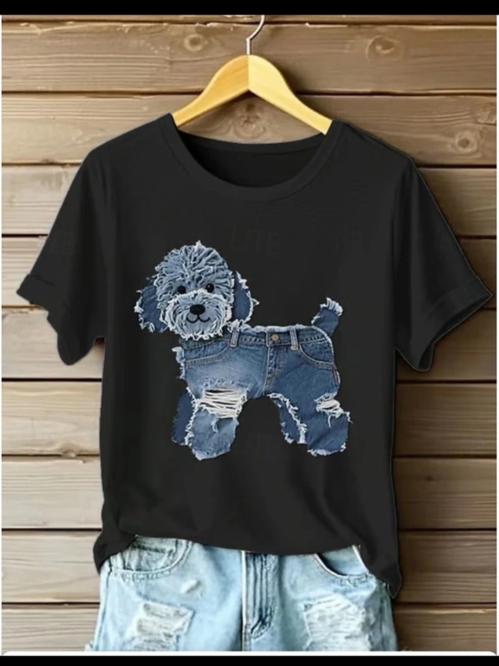 Black Dog Graphic Tee with Denim Pup Motif